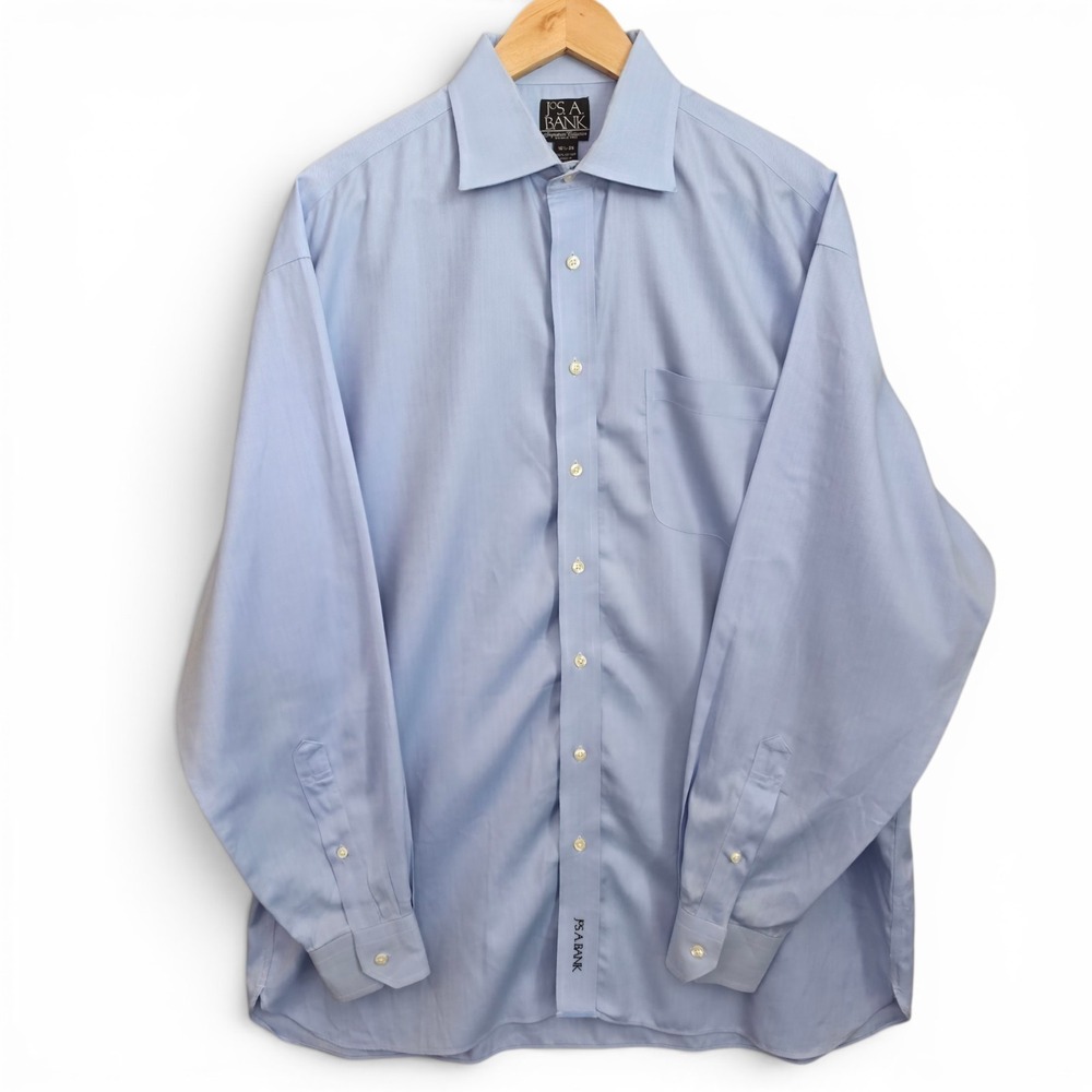 Jos A Bank Dress Shirt Mens 16.5 35 Blue Button Up Wrinkle Free Signature Cotton